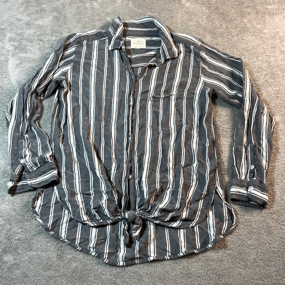 American Eagle Shirt Women's Small Gray Oversized Striped Tie-Front Top Blouse